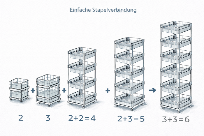 Abgebildet sind fünf stapelbare Regalwagen von stauraum-shop, jeweils mit 2 bis 6 Etagen. Mit dem System der Stapelhalterung können Sie die Etagen einfach kombinieren, um zusätzliche Höhe zu gewinnen, wie im deutschen Text erklärt wird, der die Korb-Kombisysteme zeigt.